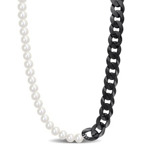 EVERLY JEWELRY |Men's 7-7.5mm Cultured Freshwater Pearl and Curb-Link Chain Necklace Black Silver - 1 of 4