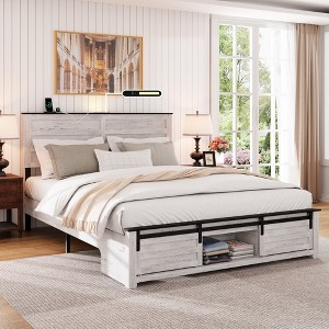 Queen Size Platform Bed with Upholstered Headboard, Charging Station and LED - 1 of 4