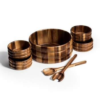 Kalmar Home Solid Acacia Wood 7 Piece - Extra Large Salad Bowl with Servers and 4 Individuals