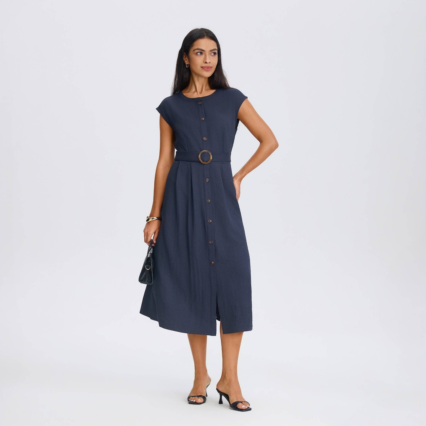 Женское платье A New Day Cap Sleeve Belted Button-Down Midi Shirtdress, цвет: Тёмно-синий — фото 3