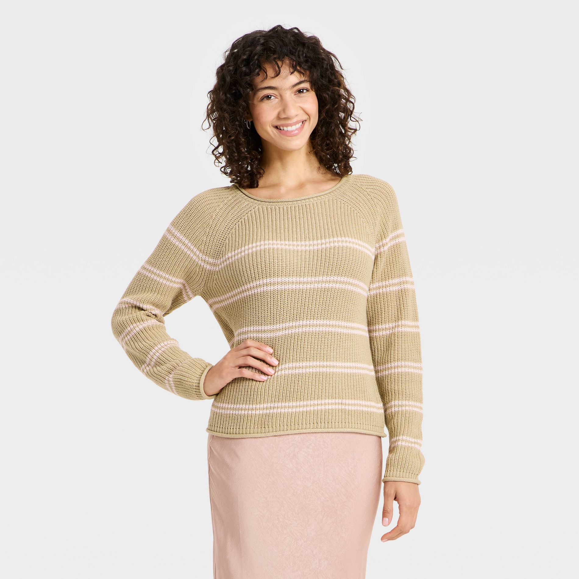 Women's Knit Pullover Sweater - A New Day™ Beige/Pink Striped M