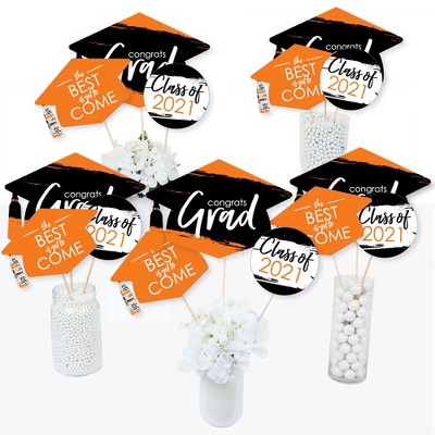 Big Dot of Happiness Orange Grad - Best is Yet to Come - 2021 Orange Graduation Party Centerpiece Sticks - Table Toppers - Set of 15