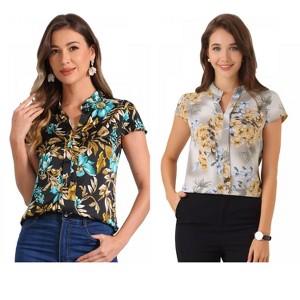 INSPIRE CHIC Women's Satin Stand Collar Work Cap Sleeve Floral Blouse 2 Packs - 1 of 4