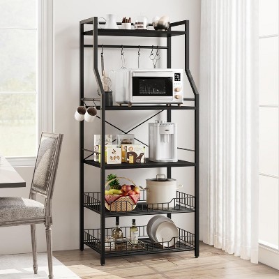 Kitchen Baker’s Rack with Microwave Oven Stand, Industrial Coffee Bar Station with 2 Large Wire Baskets & Storage Shelves