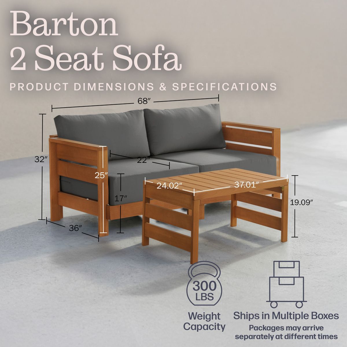 Alaterre Furniture Barton Patio Loveseat with Outdoor Coffee Table - Weather-Resistant Eucalyptus Wood Patio Furniture Set (Natural) - thumbnail 3
