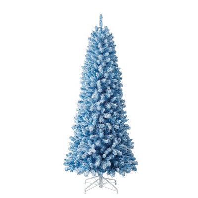 Home Heritage Anson 7-Foot Pencil Pine Flocked Artificial Christmas Tree Prelit with 300 White Microdot LED Lights, 747 PVC Foliage Tips, Stand