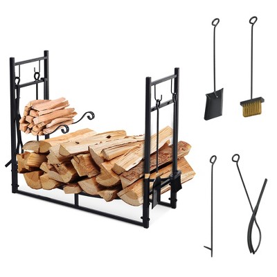 Aghana Digitals 33" Black Steel Firewood Rack with 4 Fireplace Tools, 2-Tier 253 lbs Capacity Log