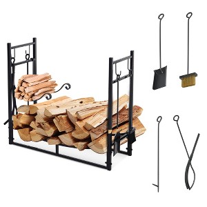 Aghana Digitals 33" Black Steel Firewood Rack with 4 Fireplace Tools, 2-Tier 253 lbs Capacity Log - 1 of 4