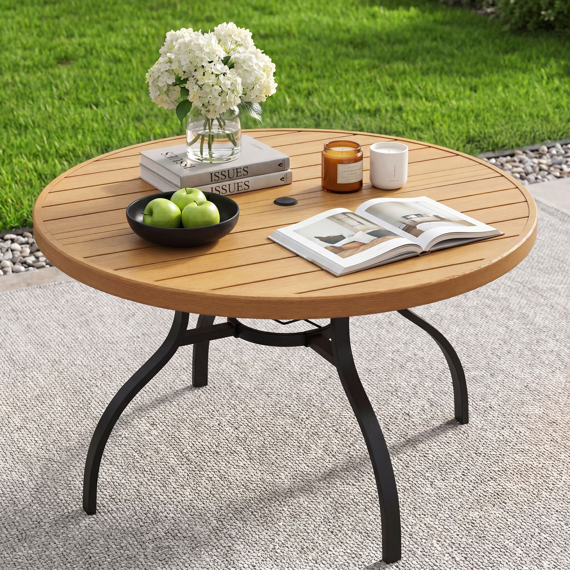47 Inch Outdoor Indoor Dining Table Metal Round Table, Natural Wood