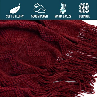 Wine Red Knitted Fleece Throw Blanket with Fringe