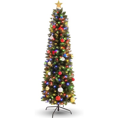 HOMDOX 6ft Pre-Lit Pencil Artificial Christmas Tree with 250 Multicolor LED Lights - Slim Spruce Green, Easy Assembly, Hinged Branches & Metal Stand