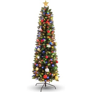 HOMDOX 6ft Pre-Lit Pencil Artificial Christmas Tree with 250 Multicolor LED Lights - Slim Spruce Green, Easy Assembly, Hinged Branches & Metal Stand - 1 of 4