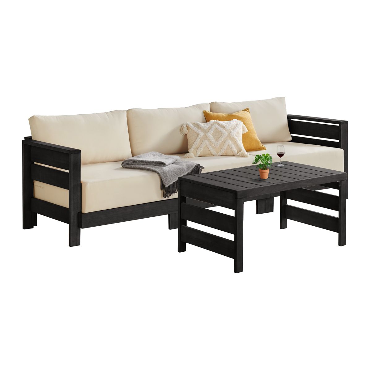 Alaterre Furniture Barton Outdoor Patio Furniture Set with Sofa and Coffee Table - Weather-Resistant Eucalyptus Wood Patio Furniture Set (Black)