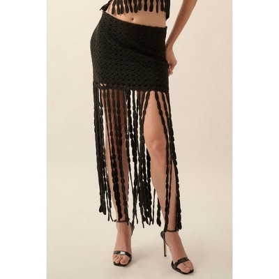 Women's Solid Crochet Eyelet-Knit Fringe Maxi Skirt - PROMESA