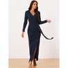 Seta T Women's Party Ruched Wrap Long Sleeve V Neck Split Hem Draped Front Bodycon Maxi Dress - 3 of 4