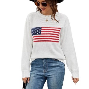 Coolmee Women's Flag Pattern Long Sleeve Crew Neck Sweater Casual Loose Pullover Sweater - 1 of 4