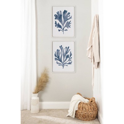 Sophisticated Blue Coral Abstract Canvas Art Set with Beaded White Frame
