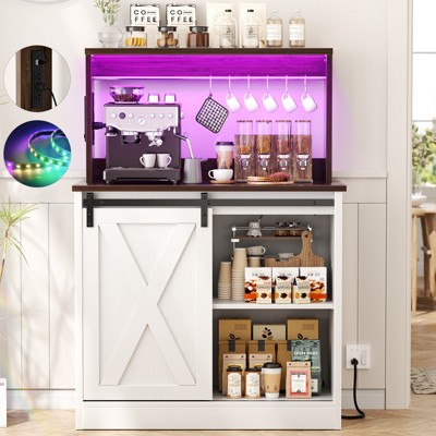 Aheaplus Coffee Bar Cabinet with Charging Station and LED Light, Kitchen Buffet Sidboard with Sliding Barn Door and Top Storage Shelves
