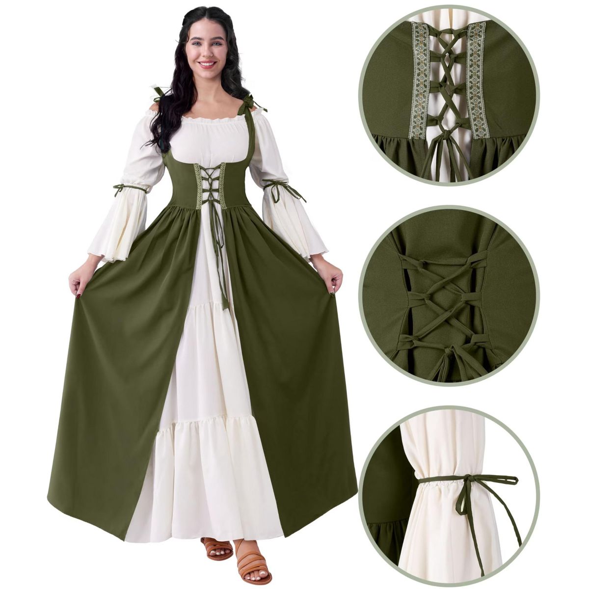 Joyfy Halloween Costume Renaissance Dress for Women, Adult Medieval Chemise Set with Corset-Victorian Cosplay for Halloween Dress Up Party - thumbnail 7