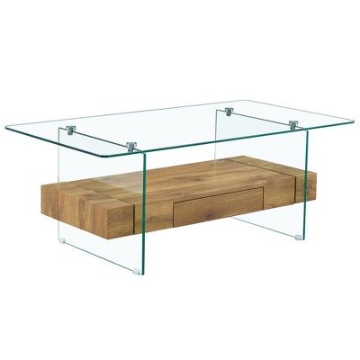 Vynxaria Natural Wood and Glass Two-Tier Coffee Tables