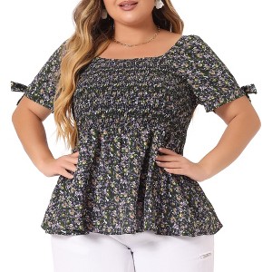 Agnes Orinda Women's Plus Size Floral Square Neck Smocked Bow Tie Short Sleeve Peplum Blouses - 1 of 4