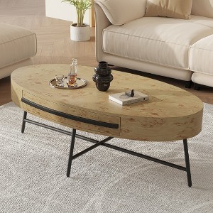 Garvee Oval Coffee Table with Drawer Mid-Century Modern Center Table 47.2“ Wooden Coffee Table with Storage and Cross Metal Legs - 1 of 4