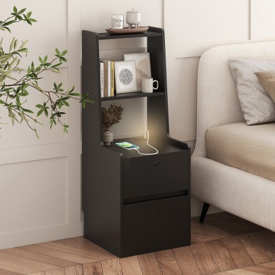 XIYUYEU Modern Night Stand with Charging Station and Night Light, Bedside Table with Bookshelf for Storage