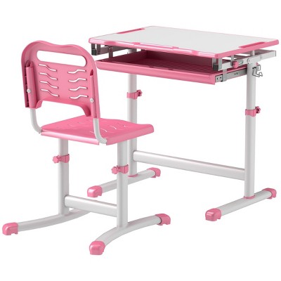 INFURNIC Kids Table Sets Height Adjustable Desk and Chair Set with Storage and Tilt Top for Study, Pink, 26"*18.5"*30.3"