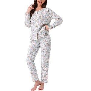 INSPIRE CHIC Women's Cotton Pajamas Long Sleeve Round Neck Button Down Floral Set with Pocket - 1 of 4
