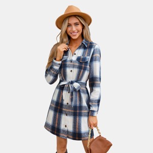 Women's Plaid Collared Long Sleeve Front Button Mini Shirt Dress -Cupshe - 1 of 4