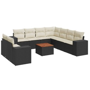 vidaXL Patio Sofa Set with Cushions Outdoor Furniture 10 Piece Poly Rattan - Black and Cream - 1 of 4