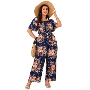 Clearlove Jumpsuits for Plus Size Women Casual Square Neck One Piece Floral Wide Leg Rompers - 1 of 4