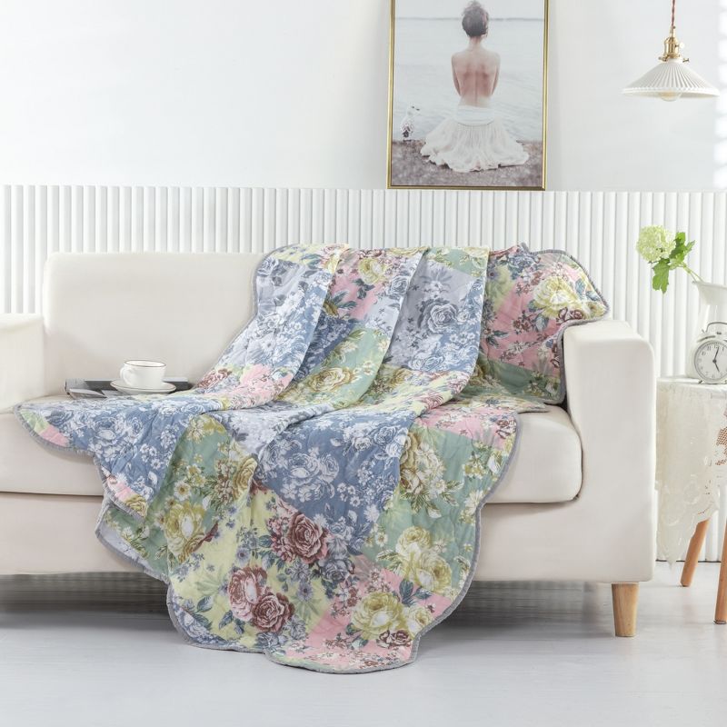 Emma Patchwork Floral Print Quilted Throw Blanket 50" x 60" Gray by Greenland Home Fashion, 1 of 5