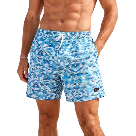 HEAT Swimwear Mens Tie Front Board Short Swim Trunks, Blue Geo (Small)