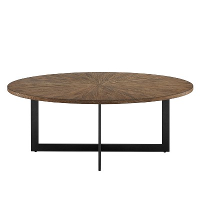 Industrial Oval Coffee Table with Sunburst Ash Veneer and Iron Base