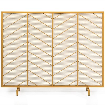 Costway 39''x31'' Single Panel Fireplace Screen Spark Guard Fence Chevron Gold Finish