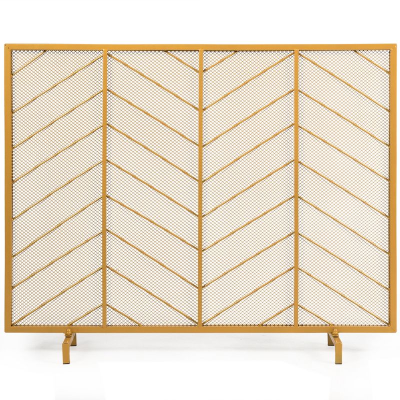 Costway 39''x31'' Single Panel Fireplace Screen Spark Guard Fence Chevron Gold Finish, 1 of 11
