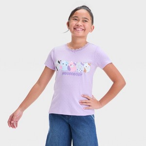 Girls' Moody Squishmallows Pointelle Lace Short Sleeve Top - Purple - 1 of 4