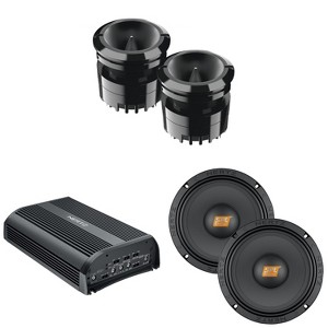 Hertz SP 4.900 D-Class 4 Channel Amplifier with 1 Pair of SV 165.1 SPL Series 6.5" 4-Ohm SPL Midrange Speaker Drivers and 1 Pair of ST-35K-NEO 35mm... - 1 of 4