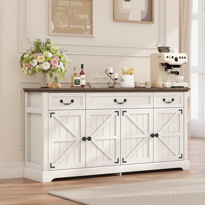 Dyonery 65 Inch Large Buffet Storage Cabinet with 3 Drawers and 4 Doors Coffee Bar Bar Cabinet, White/Gray.