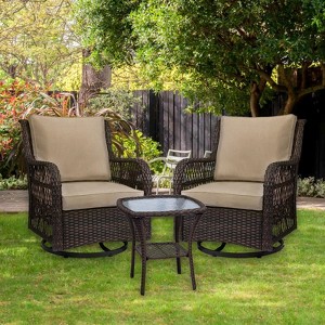 3-Piece Outdoor Wicker Patio Set, 360° Swivel Rocker Chairs with Cushions & Tempered Glass Side Table, Elegant Bistro Set for Backyard & Patio - 1 of 4