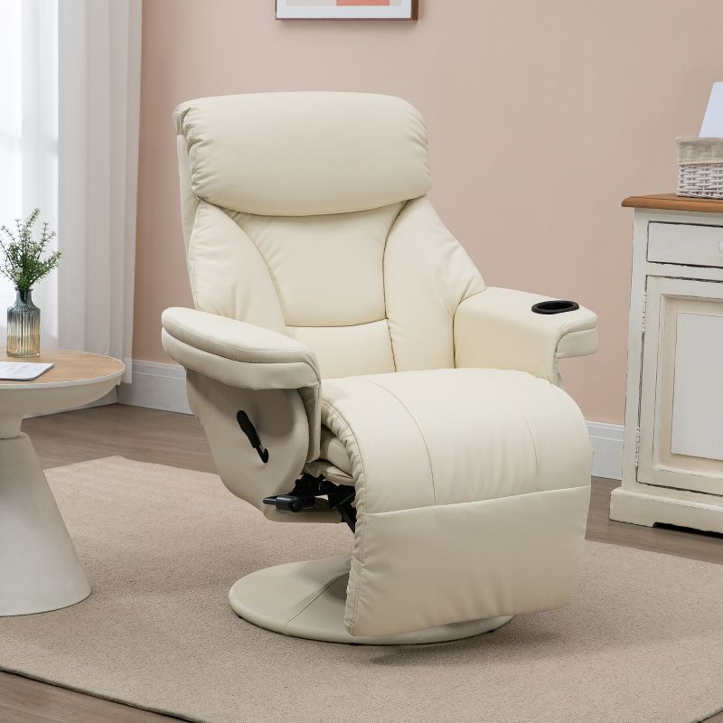 HOMCOM Manual Recliner, Swivel Lounge Armchair with Side Pocket, Footrest and Cup Holder for Living Room, Cream White, 3 of 7