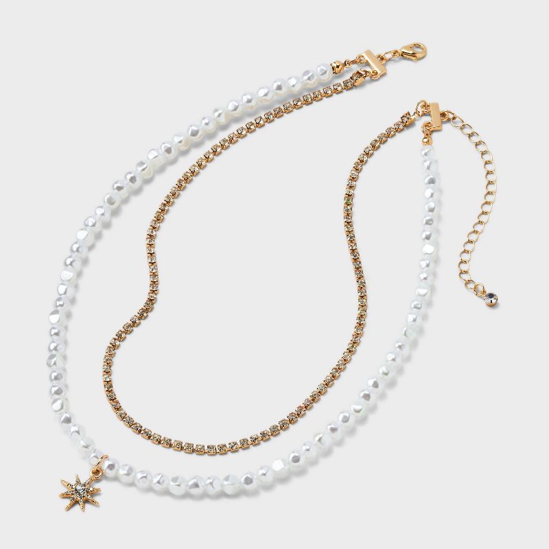 Two Row with Pearl and Star Starburst Multi-Strand Necklace - A New Day&#8482; Gold/ Pearl, 4 of 8