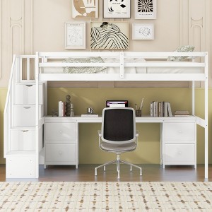 PAGED Full Size Loft Bed with Desk Simple Modern Wooden Bed Frame with Storage Drawers, LED and Inclined Ladder for Bedroom - 1 of 4