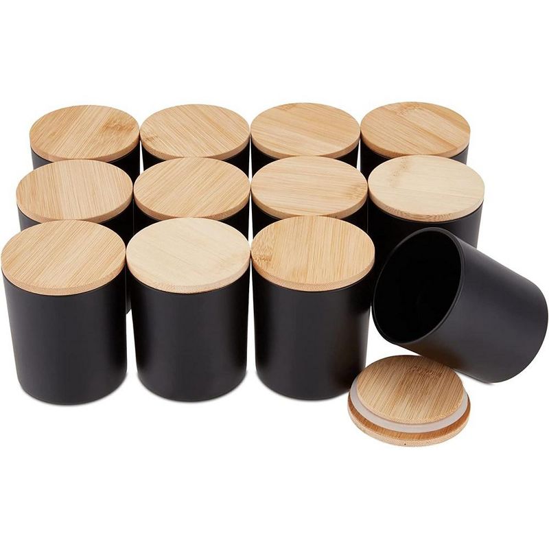 Pavelle 10 oz. Black Glass Candle Jars w/Bamboo Lids for Candle Making, 1 of 6