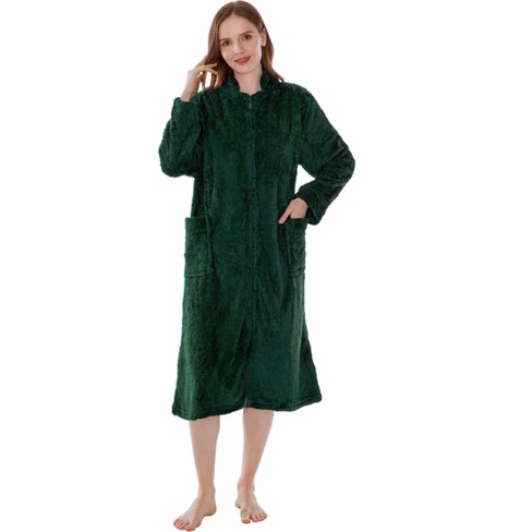 Women's Long Robe Hooded Bathrobe Zipper Up Duster Full Length Solid Pocket  Housecoat Sleepwear