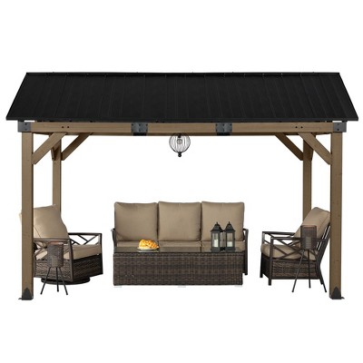 Aoodor Wood Gazebo, Outdoor Upgrade Cedar Wooden Frame Gazebo with Single Galvanized Steel Roof