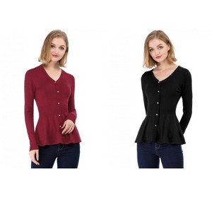 Allegra K Women's Slim Fit V-Neck Long Sleeve Ribbed Knitted Peplum Top 2 Packs - 1 of 4