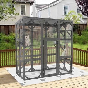 Outdoor Wooden Catio Cat Enclosure – 60" Large Feral Cat House with Platforms, Grey - 1 of 4
