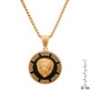 Steeltime 24" Men's two tone stainless steel round lion head pendant with simulated diamonds and greek accents. Color Options: Gold, Black - 3 of 4